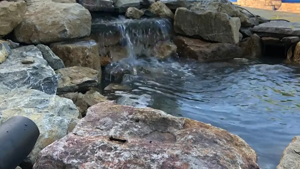 Boulder waterfall flowing into a koi pond